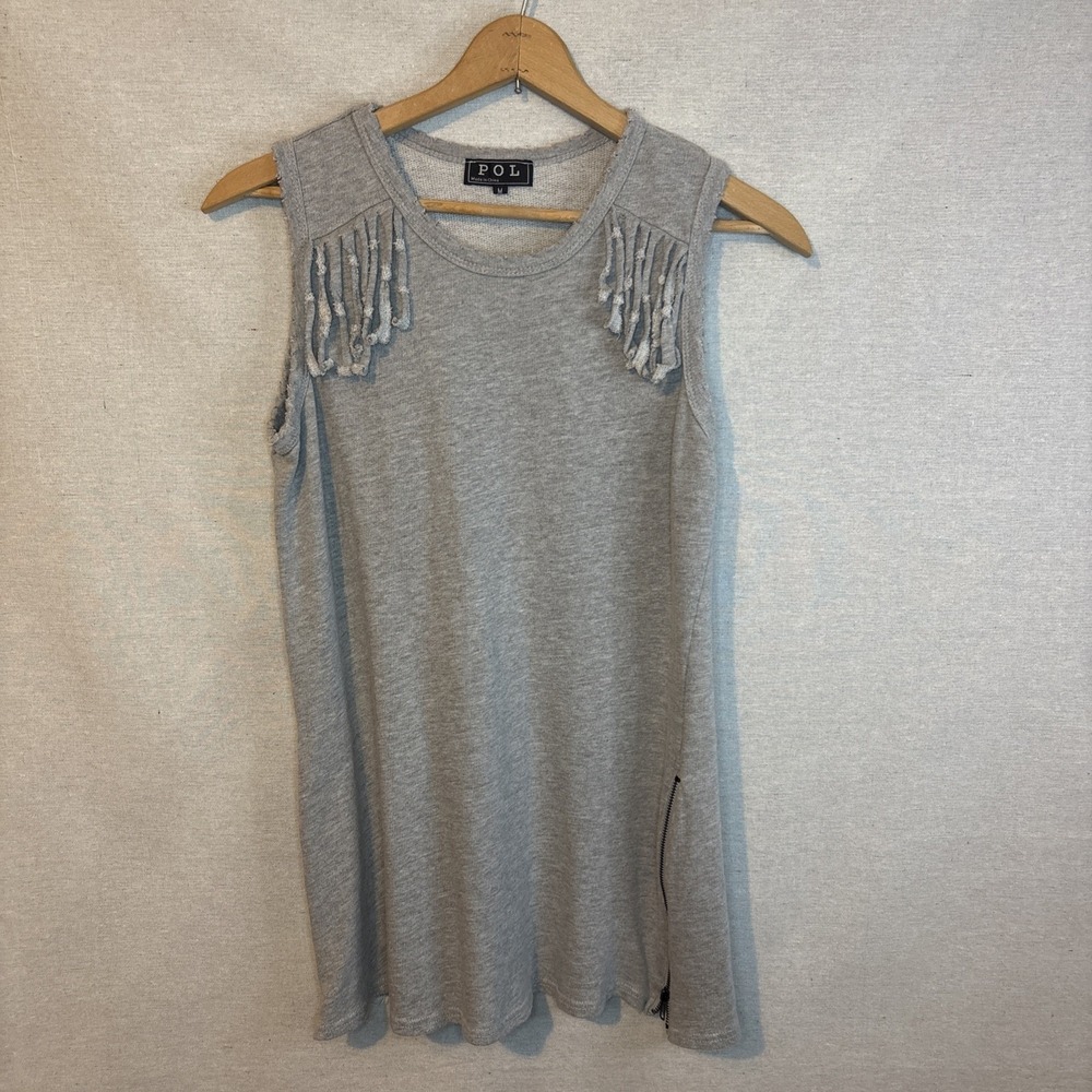 POL Womens Gray Tank Medium Distressed Sleeveless‎ Zippers Boho Festival Grunge